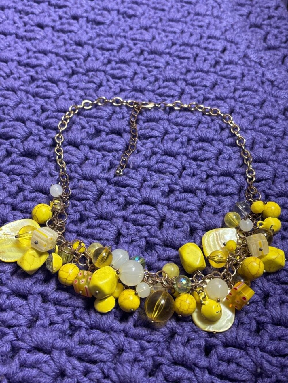 Bead Cluster Bib Necklace Yellow Dyed Shell Stone Plastic Floral Art Glass